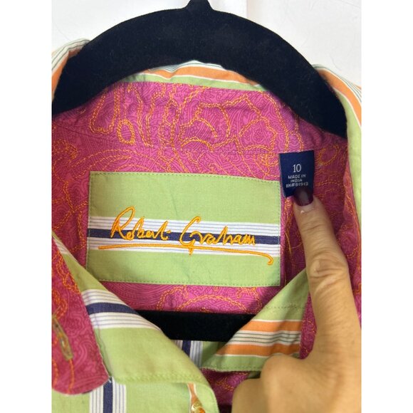 Robert Graham Women's Size 10 Striped Button Down Shirt Green Orange - Picture 4 of 11